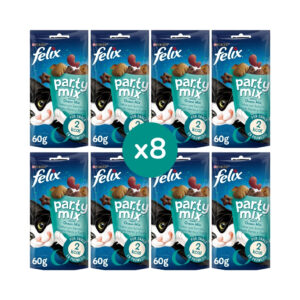 FELIX - Party Mix Ocean (8x60 gr) - Snacks para Gatos (Salmón, Pescado Blanco y Trucha) (8 Bolsas de 60 gr)