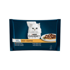 GOURMET - Perle Duo (4x85 gr) - Comida Húmeda Finas Láminas con Carnes Delicadas (Pollo y Buey, Pavo y Cordero, Ternera y Pato, Conejo y Caza) (2 Formatos)