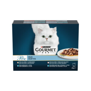 GOURMET Perle (8x85 gr) Finas Láminas DUO Pescados - Alimento Húmedo Completo para Gatos Adultos (Salmón y Carbonero, Sardina y Atún, Salmón y Pescado Blanco, Pescado del Océano y Atún)