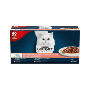 GOURMET - Perle (60x85 gr) - Comida Húmeda Finas Láminas en Salsa (Buey, Pollo, Conejo y Salmón) (2 Formatos)