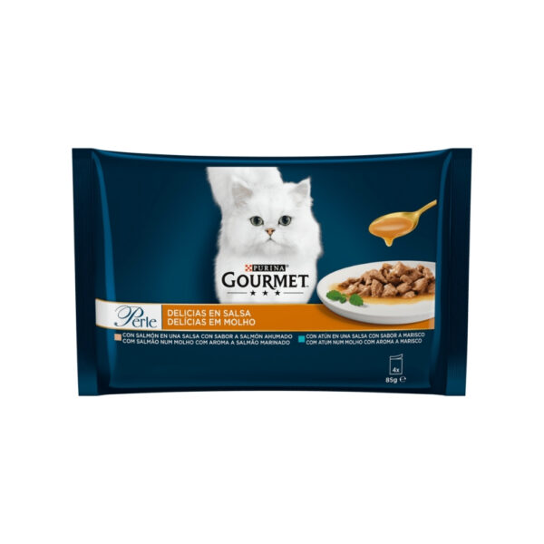 GOURMET - Perle (4x85 gr) - Comida Húmeda Delicias en Salsa (Salmón en una Salsa con Sabor a Ahumado y Atún en una Salsa con Sabor a Marisco) (2 Formatos)