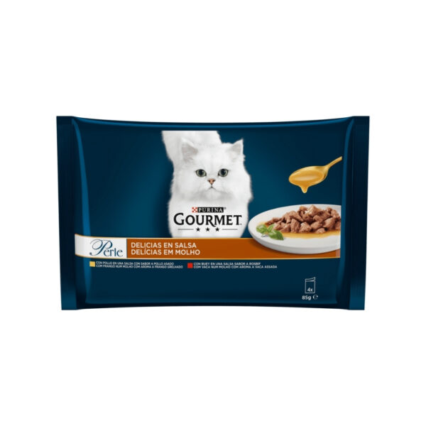 GOURMET - Perle (4x85 gr) - Comida Húmeda Delicias en Salsa (Pollo en salsa con sabor a Pollo Asado y con Buey en una salsa con sabor a Rosbif) (2 Formatos)