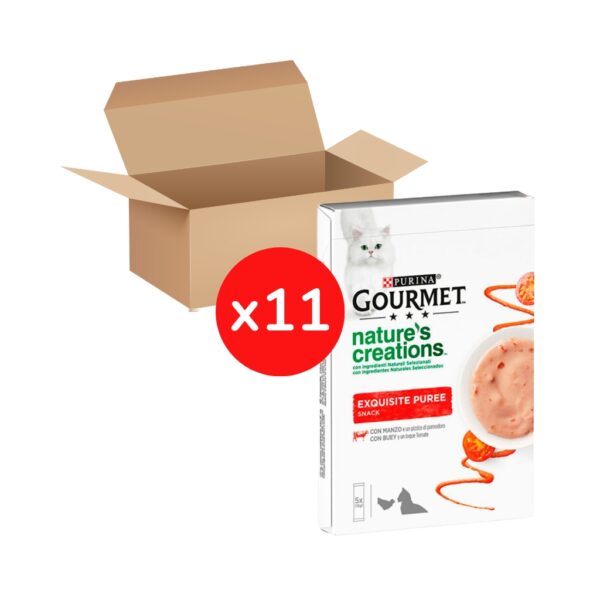 GOURMET - Nature´s Creations (55x10 gr) - Exquisito Snack en Puré liquido con Buey y Tomate (11 Cajas de 5x10 gr)