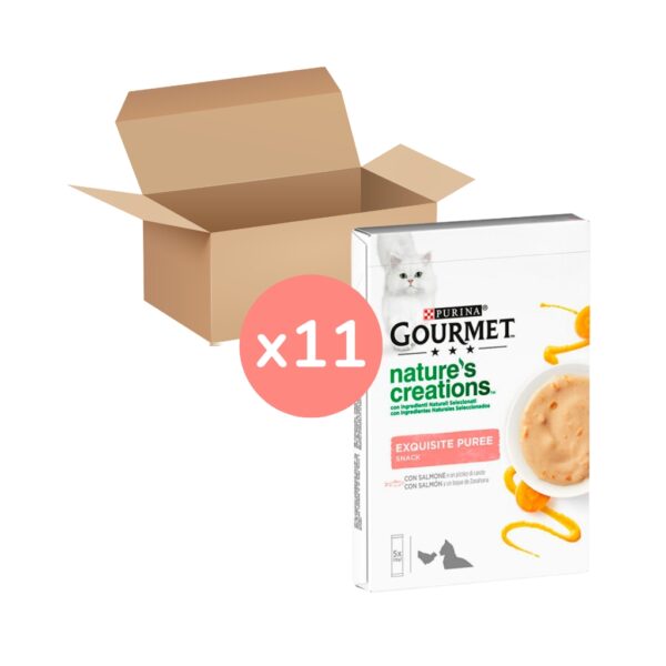 GOURMET - Nature´s Creations (55x10 gr) - Exquisito Snack en Puré liquido con Salmón y Zanahoria (11 Cajas de 5x10 gr)
