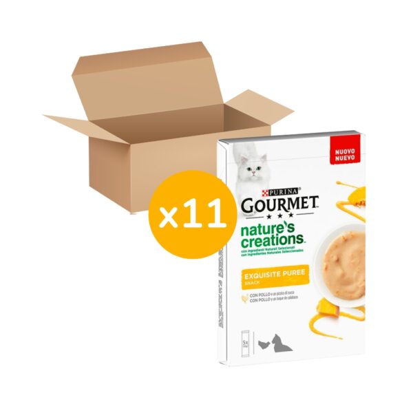 GOURMET - Nature´s Creations (55x10 gr) - Exquisito Snack en Puré liquido con Pollo y Calabaza (11 Cajas de 5x10 gr)