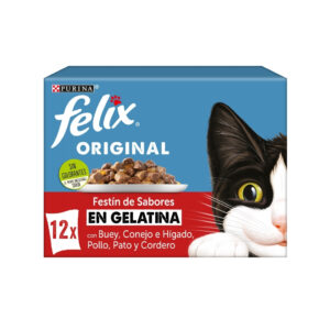FELIX - Original Gelatina (12x85 gr) - Comida Húmeda Festín de Sabores (Buey, Pollo, Conejo e Hígado, Pato y Cordero) (2 Formatos)