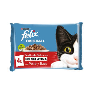 FELIX - Original Gelatina (4x85 gr) - Comida Húmeda Festín de Sabores (Buey y Pollo) (2 Formatos)