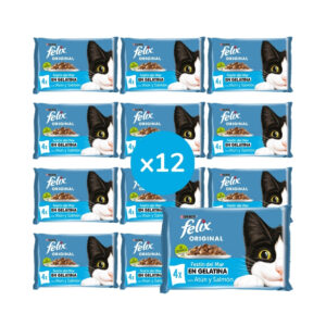 FELIX - Original Gelatina (48x85 gr) - Comida Húmeda Festín del Mar (Atún y Salmón) (12x4x85 gr)