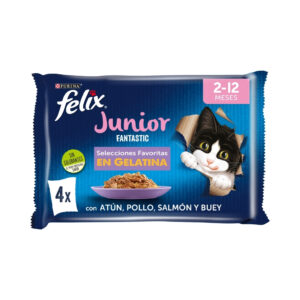 FELIX - Fantastic Junior (4x85 gr) - Comida Húmeda para Gatitos (Buey, Pollo, Salmón y Atún) (2 Formatos)