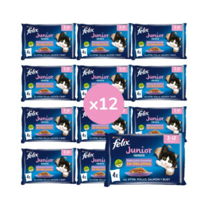 FELIX - Fantastic Junior (48x85 gr) - Comida Húmeda para Gatitos (Buey, Pollo, Salmón y Atún) (12x4x85 gr)