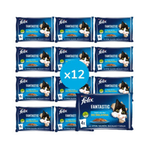 FELIX - Fantastic Gelatina (48x85 gr) - Comida Húmeda Festín del Mar (Atún, Salmón, Bacalao y Solla) (12x4x85 gr)
