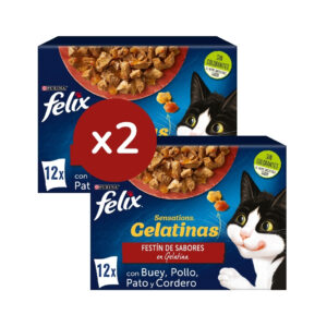 FELIX - Sensations Gelatina (24x85 gr) - Comida Húmeda Festín de Sabores (Buey, Pollo, Pato y Cordero) (2 Cajas de 12x85 gr)