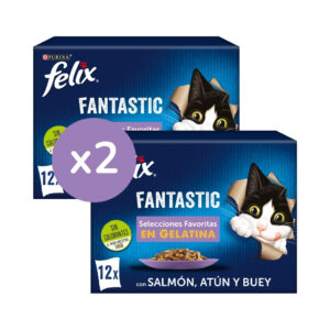 FELIX - Fantastic Gelatina (24x85 gr) - Comida Húmeda Selecciones Favoritas (Pollo, Salmón, Atún y Buey) (2 Cajas de 12x85 gr)