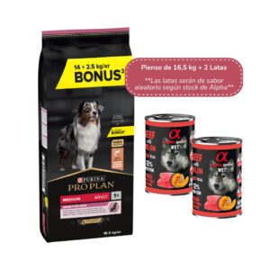 PRO PLAN Medium Adult Sensitive Skin (16,5 kg + 2 Latas de Regalo) - Pienso Seco para Perros Adultos de Raza Mediana con Salmón