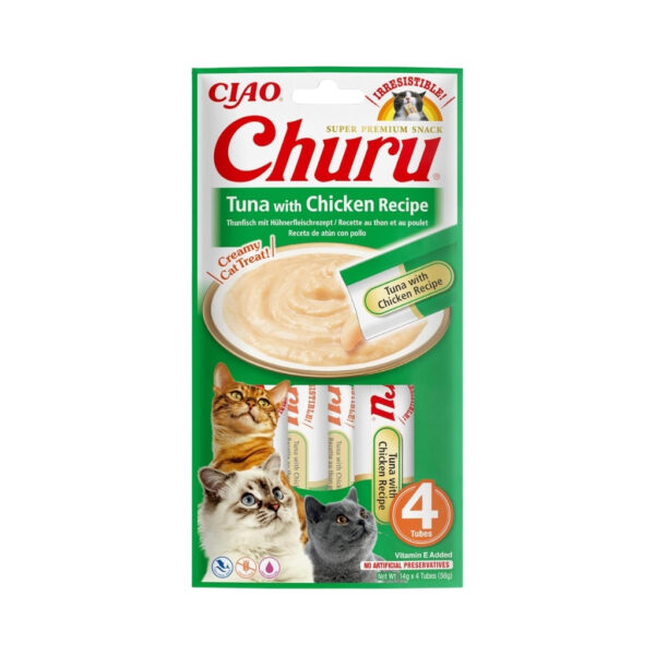 CHURU Receta de Atún con Pollo (4x14 gr) - Snack Cremoso para Gatos Adultos