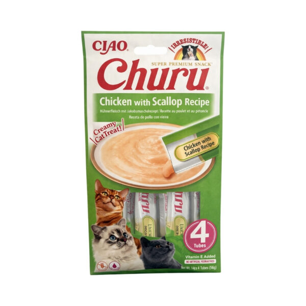CHURU Receta de Pollo con Vieira (4x14 gr) - Snack Cremoso para Gatos Adultos