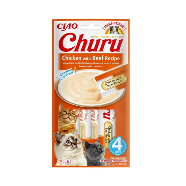 CHURU Receta de Pollo con Ternera (4x14 gr) - Snack Cremoso para Gatos Adultos