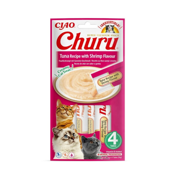 CHURU Receta de Atún con Gambas (4x14 gr) - Snack Cremoso para Gatos Adultos