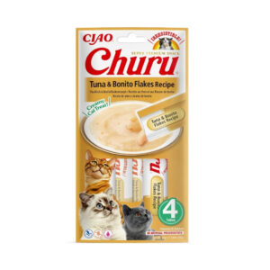 CHURU Receta de Atún con Virutas de Bonito (4x14 gr) - Snack Cremoso para Gatos Adultos