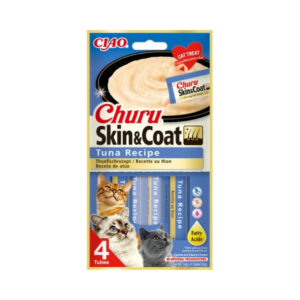 CHURU Skin & Coat Receta de Atún (4x15 gr) - Alimento Complementario en Snack Cremoso para Gatos Adultos con Omega 3 y 6