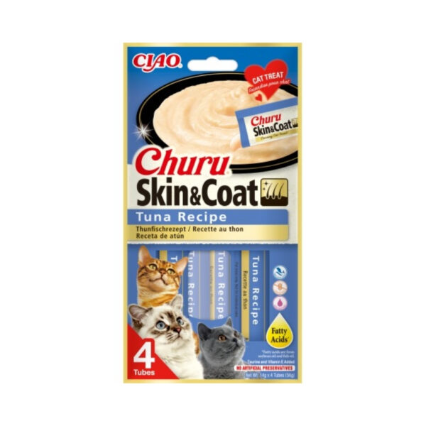 CHURU Skin & Coat Receta de Atún (4x15 gr) - Alimento Complementario en Snack Cremoso para Gatos Adultos con Omega 3 y 6