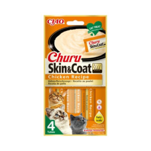 CHURU Skin & Coat Receta de Pollo (4x15 gr) - Alimento Complementario en Snack Cremoso para Gatos Adultos con Omega 3 y 6
