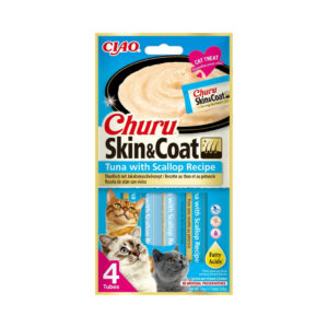 CHURU Skin & Coat Atún con Vieira (4x15 gr) - Alimento Complementario en Snack Cremoso para Gatos Adultos con Omega 3 y 6