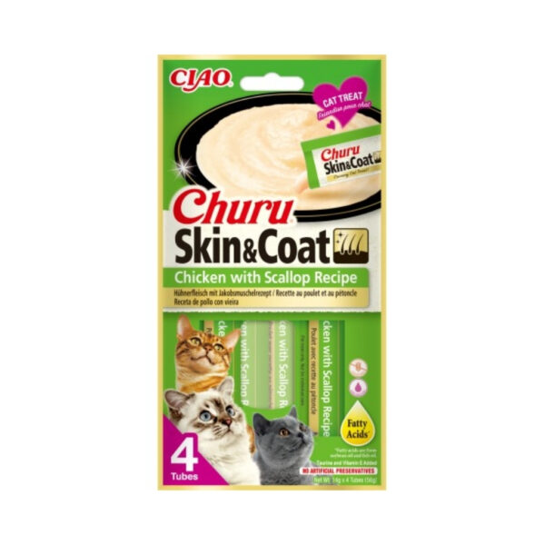 CHURU Skin & Coat Pollo con Vieira (4x15 gr) - Alimento Complementario en Snack Cremoso para Gatos Adultos con Omega 3 y 6