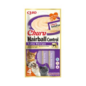 CHURU Hairball Control Receta de Atún (4x14 gr) - Alimento Complementario en Snack Cremoso Funcional para Gatos Adultos