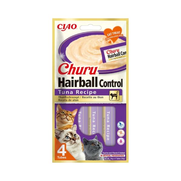 CHURU Hairball Control Receta de Atún (4x14 gr) - Alimento Complementario en Snack Cremoso Funcional para Gatos Adultos