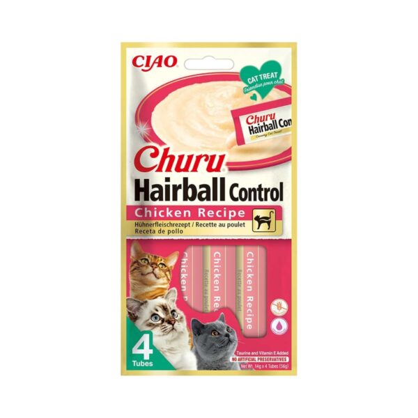 CHURU Hairball Control Receta de Pollo (4x14 gr) - Alimento Complementario en Snack Cremoso Funcional para Gatos Adultos
