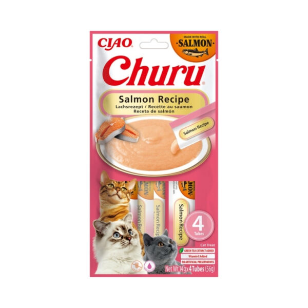 CHURU Receta de Salmón (4x14 gr) - Snack Cremoso para Gatos Adultos Elaborado con Salmón Real