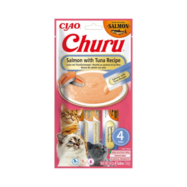CHURU Receta de Salmón con Atún (4x14 gr) - Snack Cremoso para Gatos Adultos Elaborado con Salmón Real
