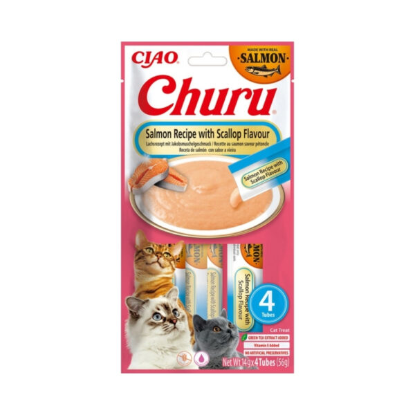CHURU Receta de Salmón con Vieira (4x14 gr) - Snack Cremoso para Gatos Adultos Elaborado con Salmón Real