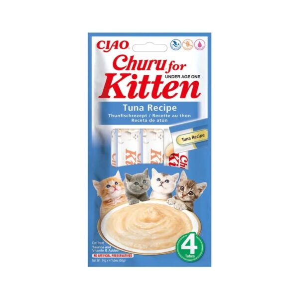 CHURU Kitten Receta de Atún (4x14 gr) - Alimento Complementario en Snack Cremoso para Gatitos menores de 1 Año