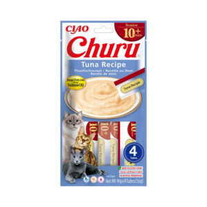 CHURU Senior +10 Receta de Atún (4x14 gr) - Alimento Complementario en Snack Cremoso Funcional para Gatos Senior