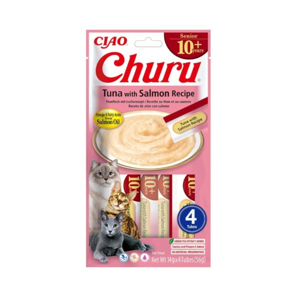 CHURU Senior +10 Receta de Atún con Salmón (4x14 gr) - Alimento Complementario en Snack Cremoso Funcional para Gatos Senior
