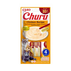 CHURU Senior +10 Receta de Pollo (4x14 gr) - Alimento Complementario en Snack Cremoso Funcional para Gatos Senior