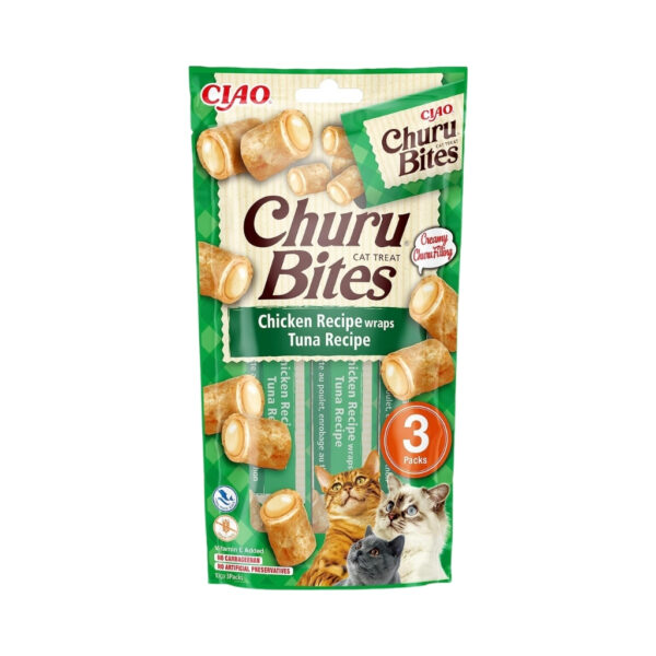 CHURU Bites Receta de Pollo con Atún (3x10 gr) - Alimento Complementario en Snack Cremoso Doble Textura para Gatos Adultos
