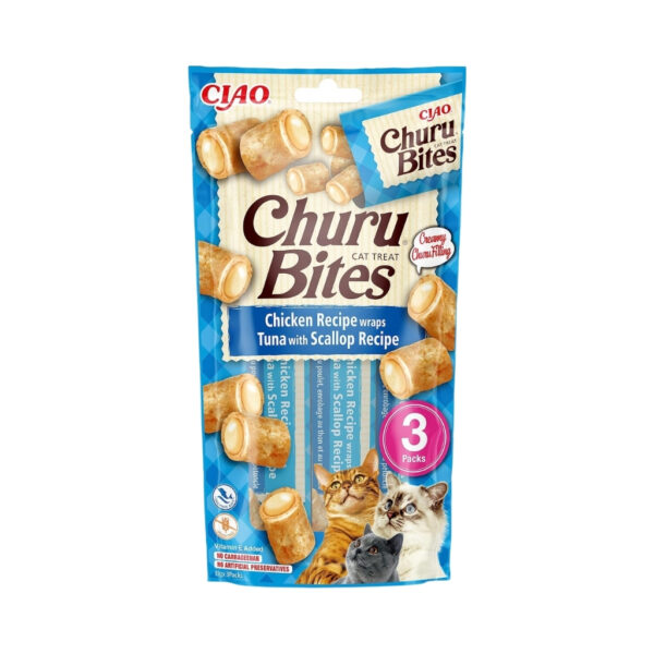 CHURU Bites Receta de Pollo con Atún y Vieira (3x10 gr) - Alimento Complementario en Snack Cremoso Doble Textura para Gatos Adultos