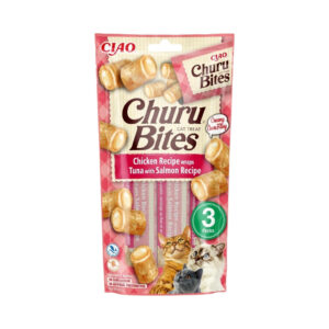 CHURU Bites Receta de Pollo con Atún y Salmón (3x10 gr) - Alimento Complementario en Snack Cremoso Doble Textura para Gatos Adultos