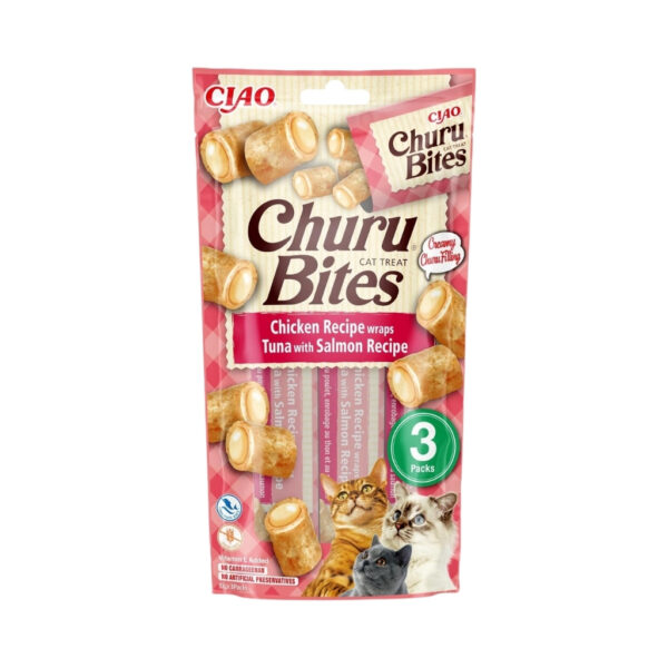 CHURU Bites Receta de Pollo con Atún y Salmón (3x10 gr) - Alimento Complementario en Snack Cremoso Doble Textura para Gatos Adultos