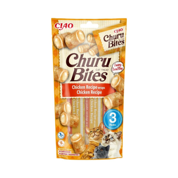 CHURU Bites Receta de Pollo (3x10 gr) - Alimento Complementario en Snack Cremoso Doble Textura para Gatos Adultos