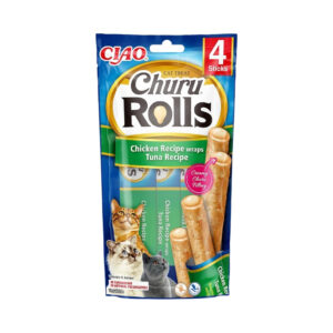 CHURU Rolls Receta de Pollo con Atún (4x10 gr) - Alimento Complementario en Snack Cremoso para Gatos Adultos de Doble Textura