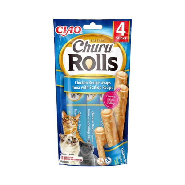CHURU Rolls Receta de Pollo con Atún y Vieira (4x10 gr) - Alimento Complementario en Snack Cremoso para Gatos Adultos de Doble Textura
