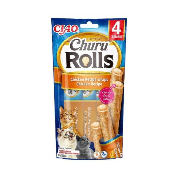 CHURU Rolls Receta de Pollo (4x10 gr) - Alimento Complementario en Snack Cremoso para Gatos Adultos de Doble Textura