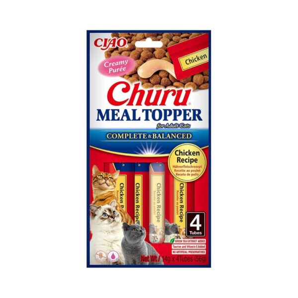 CHURU Meal Topper Receta de Pollo (4x14 gr) - Alimento Completo y Complementario en Snack Cremoso para Gatos Adultos (Complete & Balanced)