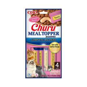 CHURU Meal Topper Receta de Atún con Salmón (4x14 gr) - Alimento Completo y Complementario en Snack Cremoso para Gatos Adultos (Complete & Balanced)