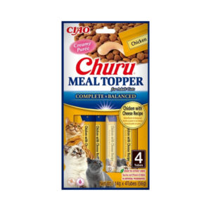 CHURU Meal Topper Receta de Pollo con Queso (4x14 gr) - Alimento Completo y Complementario en Snack Cremoso para Gatos Adultos (Complete & Balanced)