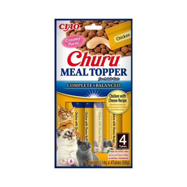 CHURU Meal Topper Receta de Pollo con Queso (4x14 gr) - Alimento Completo y Complementario en Snack Cremoso para Gatos Adultos (Complete & Balanced)